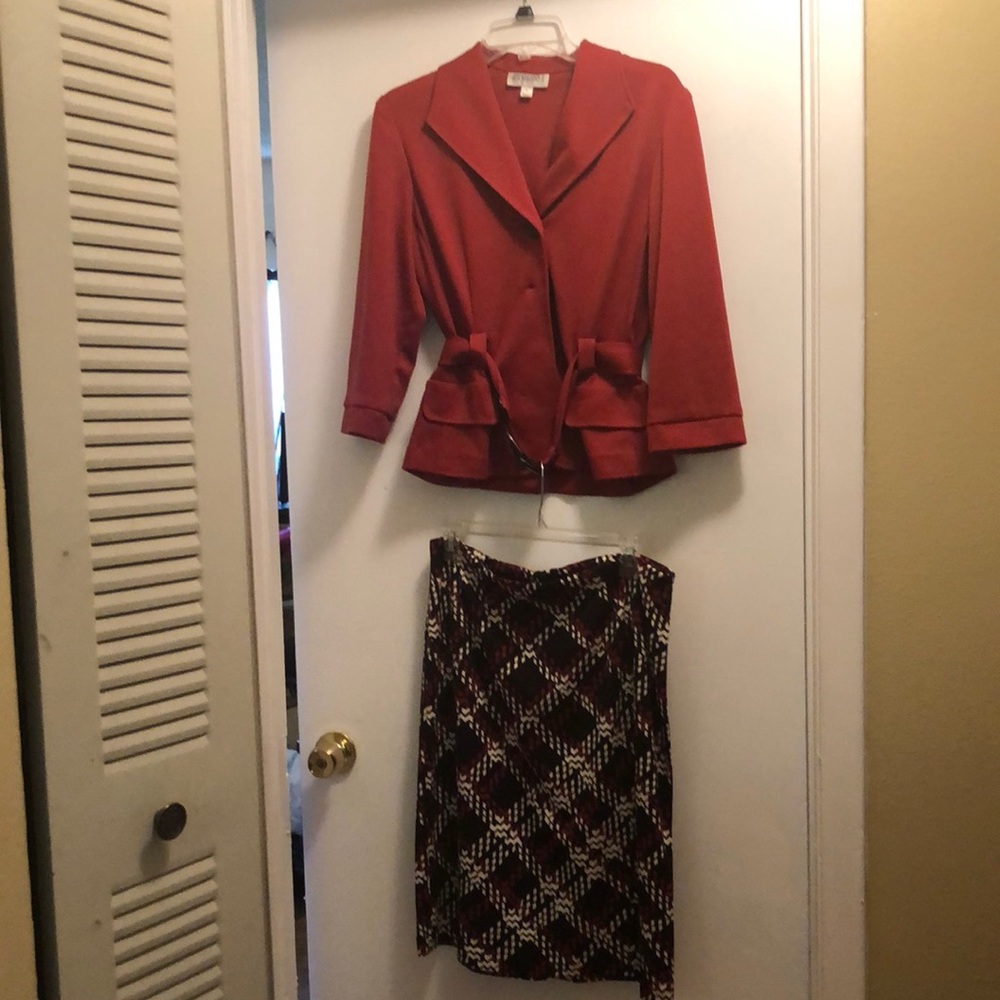 Studio I red suit jacket and multicolored skirt